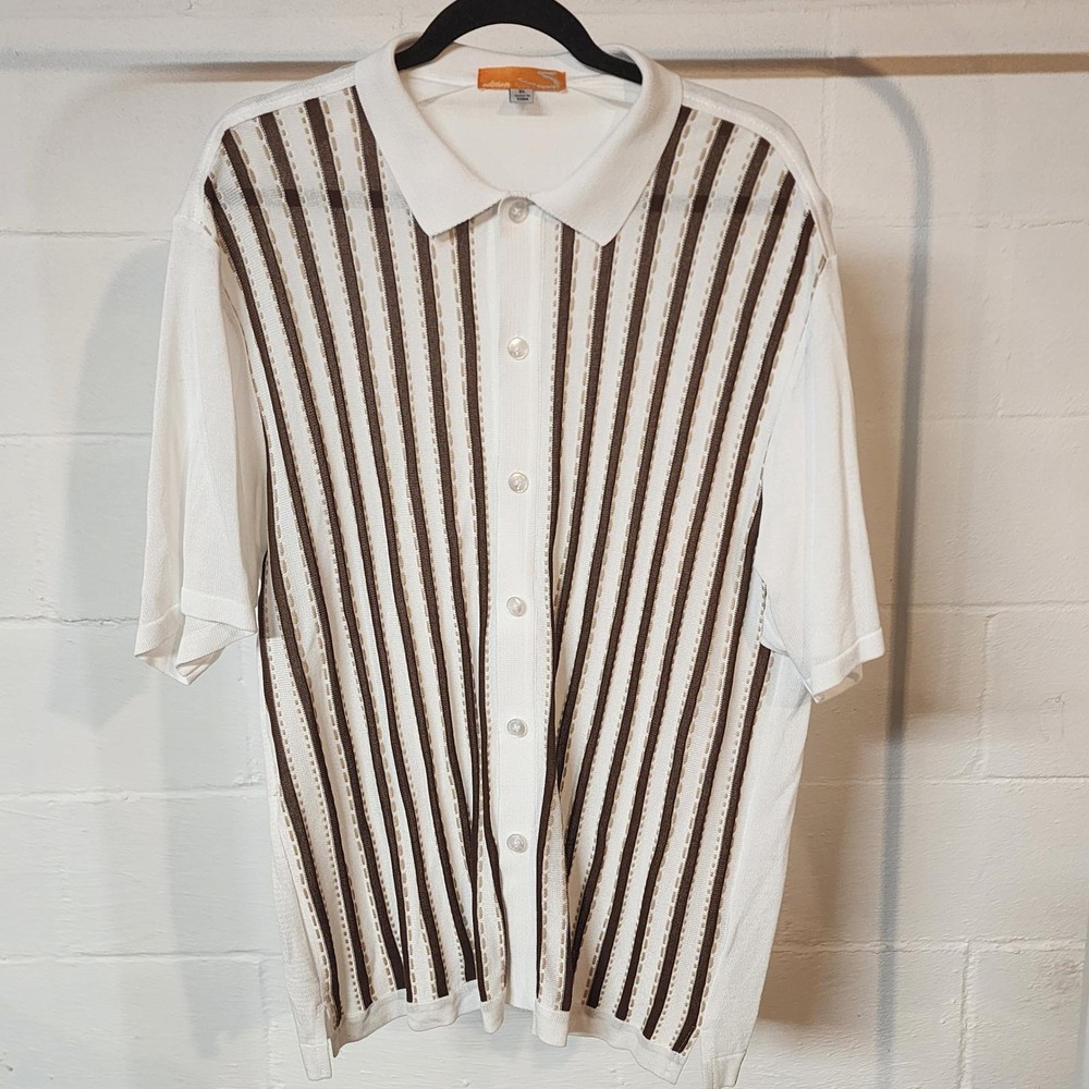 90's Edition Seven Striped Knit Button Down Short Sleeve Shirt Lightweight Brown
